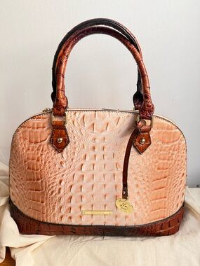 Brahmin Style Croc Embossed Leather Satchel Pink Brown Dome Bag Large Structured